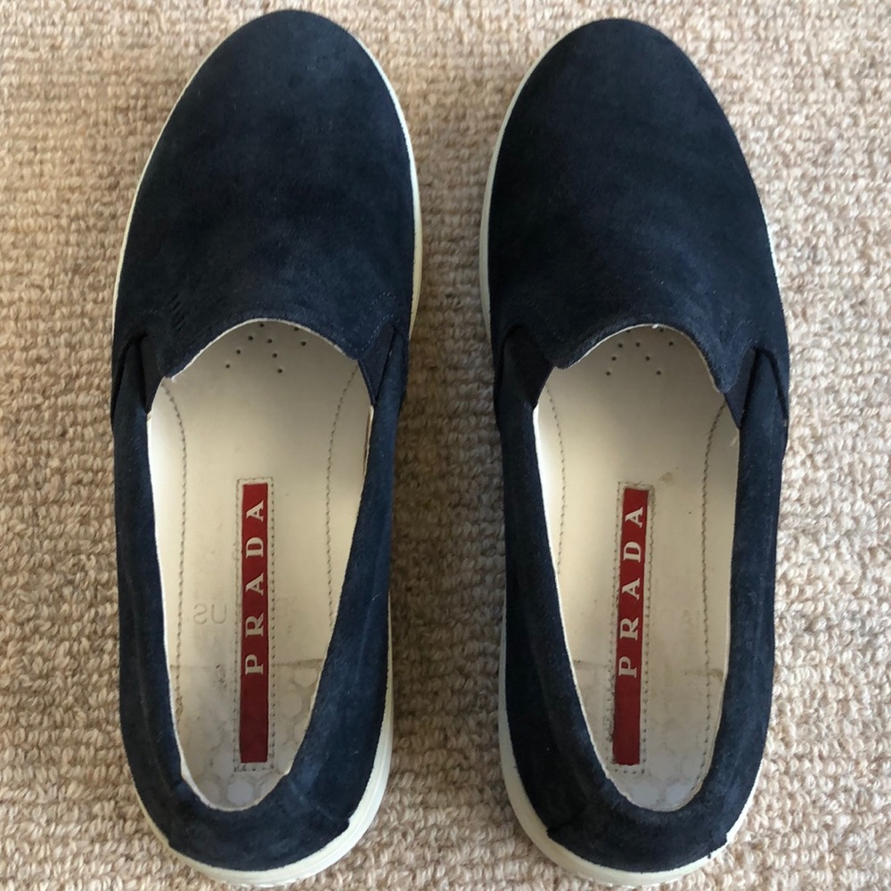 Prada blue suede slip on sneakers